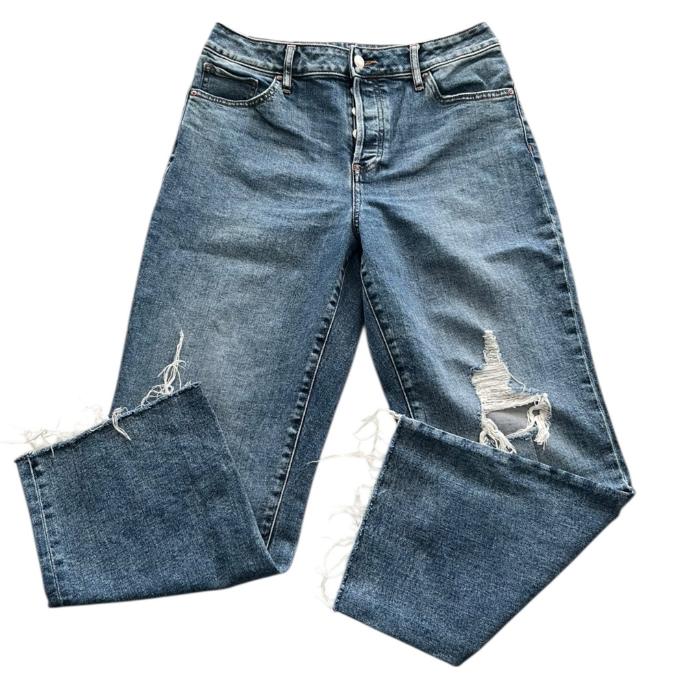 Express Women's High-Rise Blue Distressed Straight-Leg Jeans - Size 8R